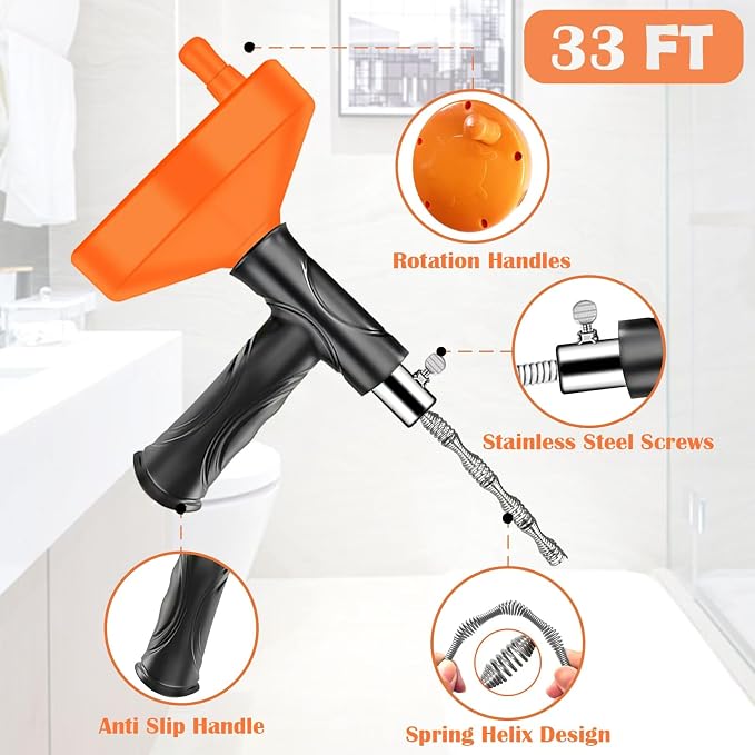 Drain Snake Auger 33 Feet, Plumbing Snake Drain Hair Clog Removal Tool - Image 3