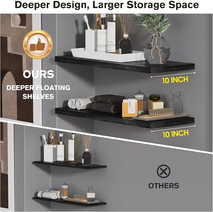 Wall Shelf Set of 3, Dark Wood Floating Shelves 30 in W x 10 in D x 1 in H - Image 3