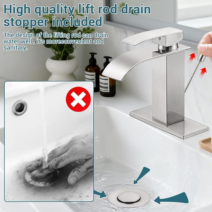 Bathroom Faucets with Lift Rod Drain Brushed Nickel Waterfall Bathroom Sink - Image 4