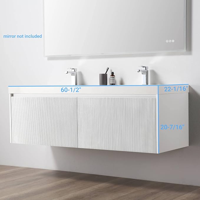 Blossom 60 Inch Double Sink Bathroom Vanity, All Wood Wall Mounted Floating - Image 3