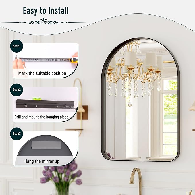 GLSLAND 24”x36“ Black Arched Bathroom Mirror - Image 6