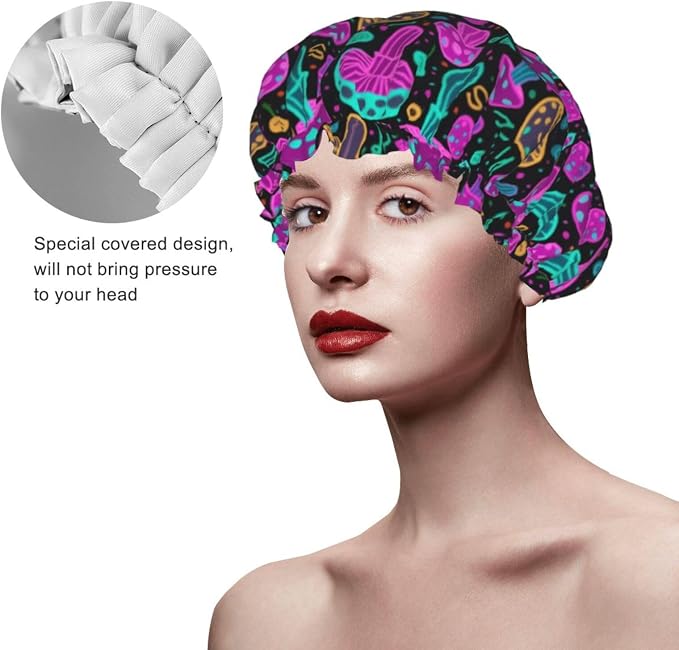 Double Layers Shower Caps for Women Girls, Colorful Mushroom Neon Glow in Dark - Image 4