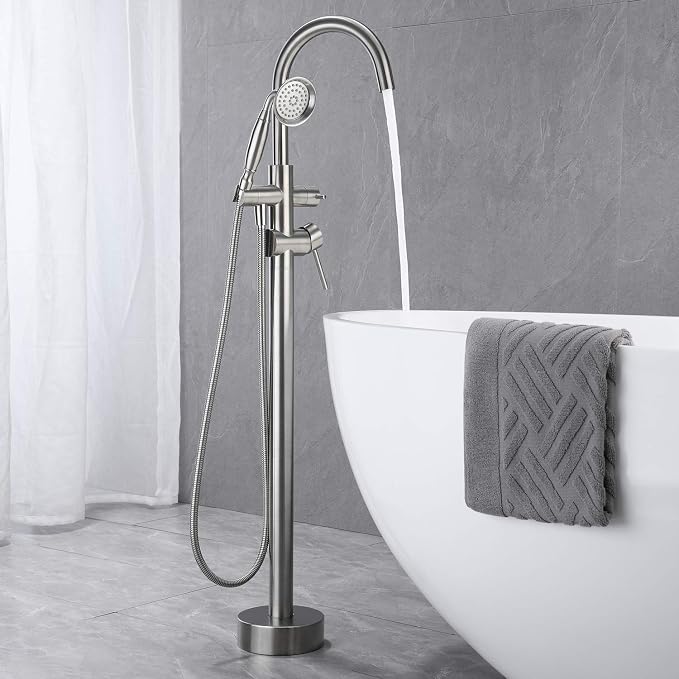 Tub Filler Freestanding Bathtub Faucet Brushed Nickel Floor Mounted Brass - Image 3