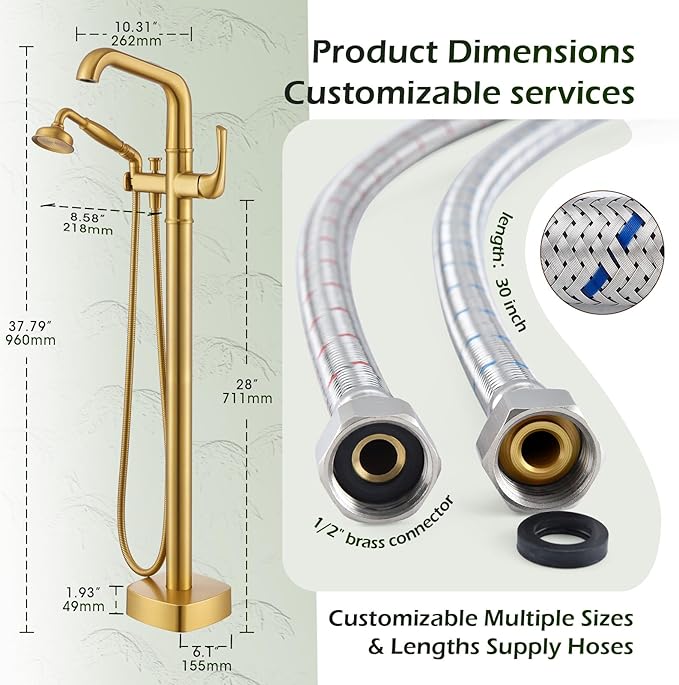 Luxury Free Standing Tub Faucet, Classic Brass Freestanding Bathtub Faucet - Image 6