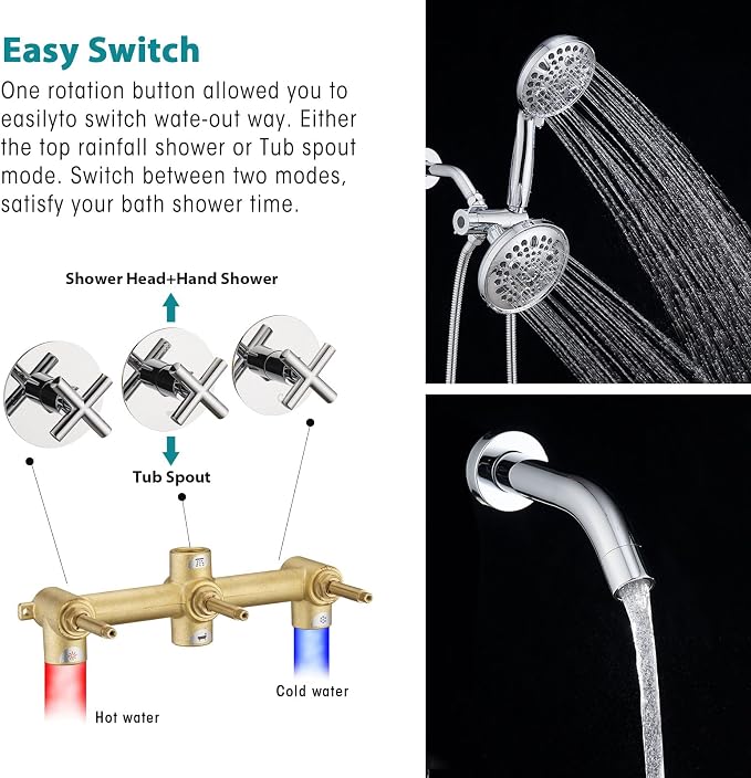 PROOX 3 Handle Tub Shower Faucet Set, Dual shower head Combo - Image 6