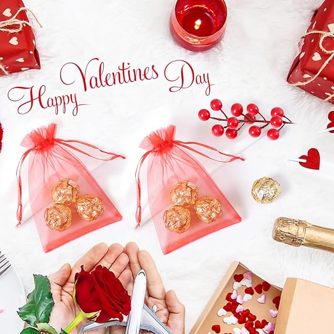 Hopttreely 100pcs Organza Bags, 4 x 4.72 inches Red Christmas Wedding Favors - Image 4