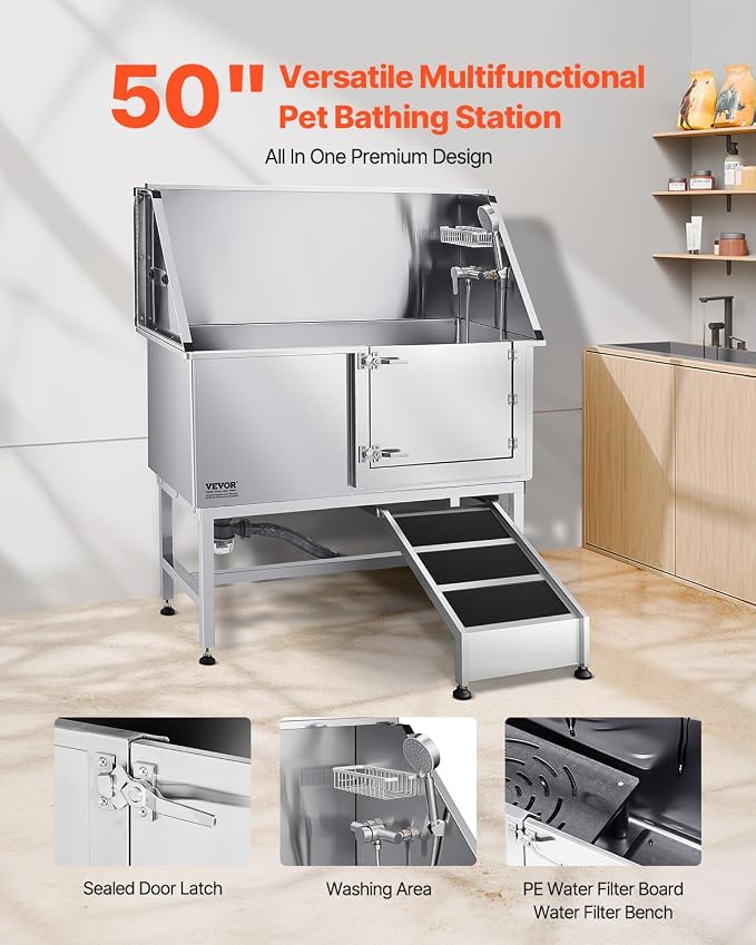 VEVOR Stainless Steel Dog Washing Station, 50 inch Pet Grooming Tub w/Ramp - Image 2