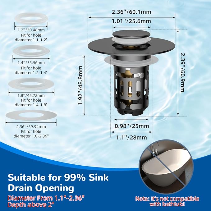 Hibbent 2 Pack 3 in 1 Bathroom Sink Drain Strainer, Universal Pop Up Stopper - Image 7