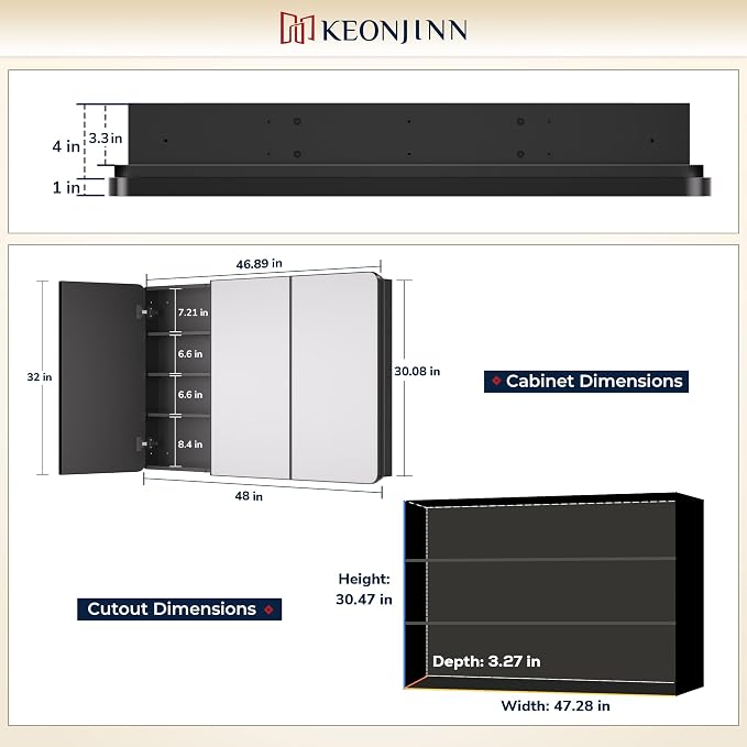 Keonjinn 48 x 32 Inch Large Black Medicine Cabinets, Recessed Bathroom Medicine - Image 2