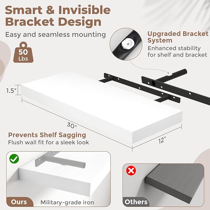 30 Inch Floating Shelves for Wall Set of 2, Easy Install Engineered Wood - Image 2