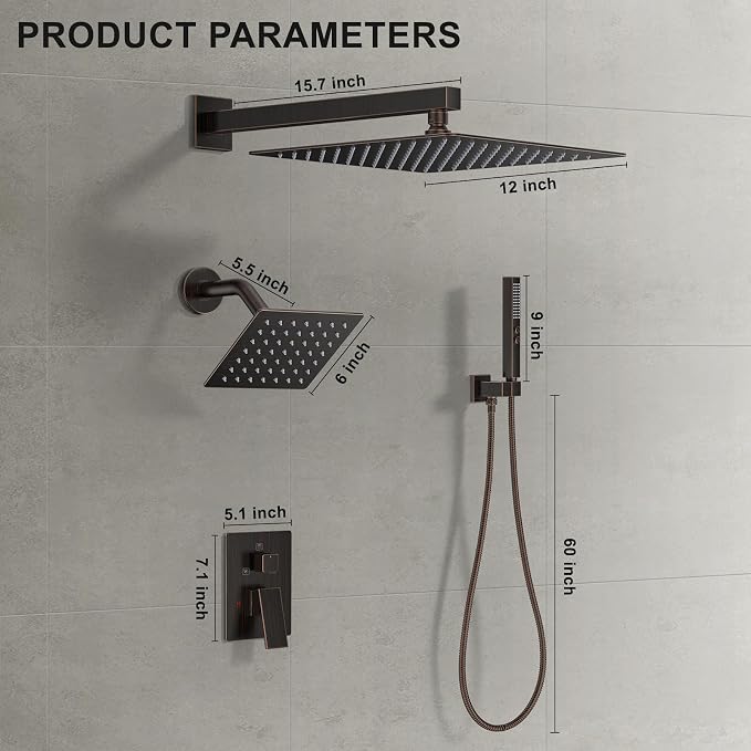 Shower Faucet Set, Wall Mount Shower System 12 and 6 Inch Dual Shower Head Set - Image 8