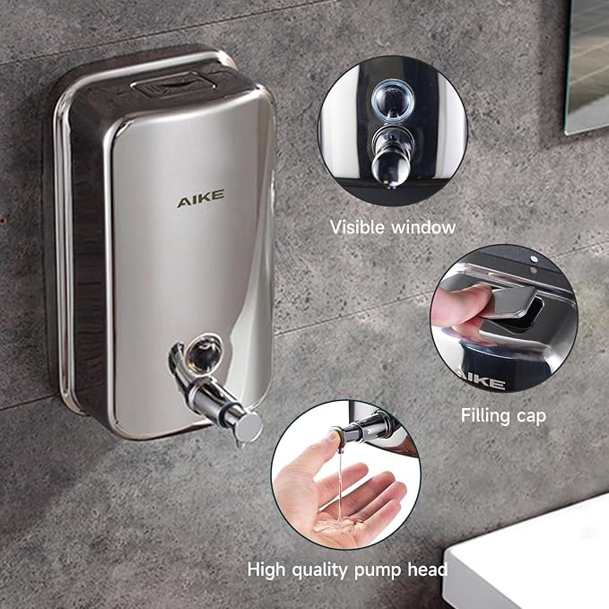 AIKE Polished Stainless Steel Wall Mount Pump Soap Dispenser Polished 34 fl.oz. - Image 2