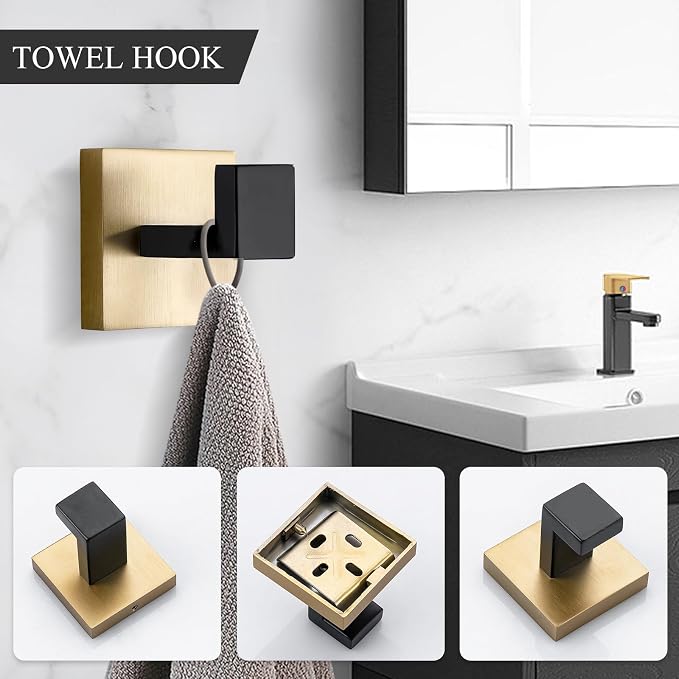 TURS 4-Piece Bathroom Hardware Set Black and Brushed Gold Towel Bar Holder Set - Image 4