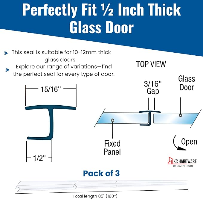 KC Hardware 85 Inch Frameless Shower Door Side Seal Strip, H-Type Glass Shower - Image 3