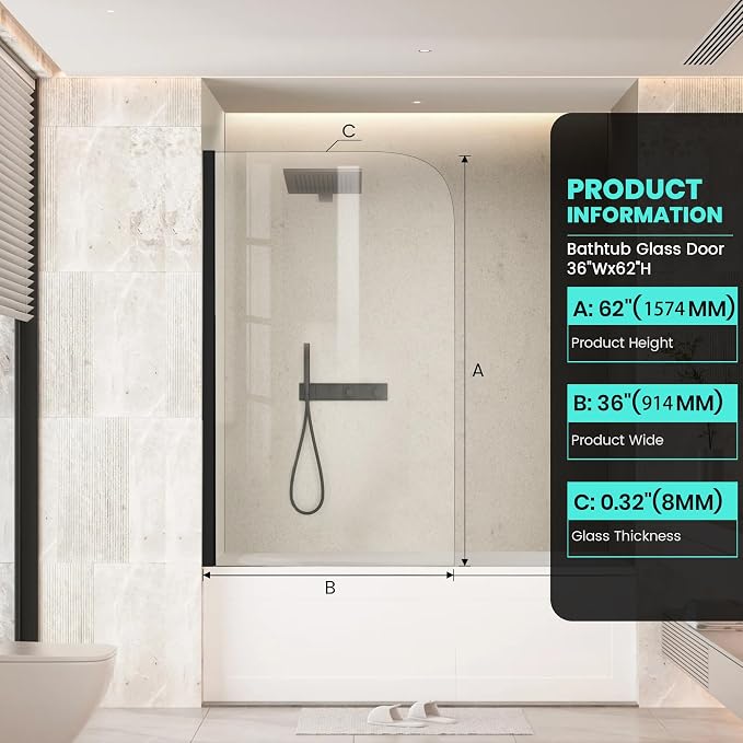 36" W x 62" H Frameless Bathtub Shower Door Bathtub Glass Panel Half Shower - Image 6