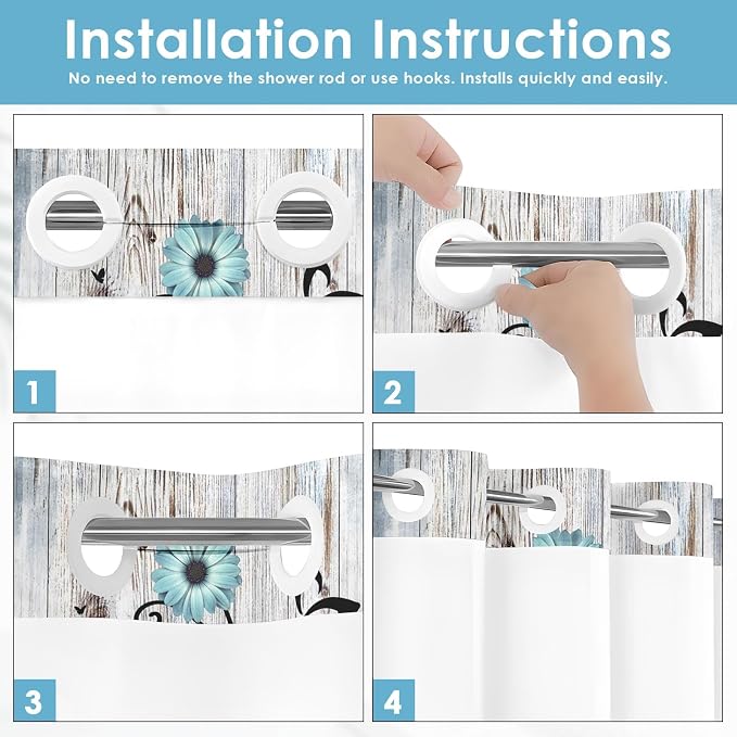 No Hook Teal Flower Shower Curtain - Image 5