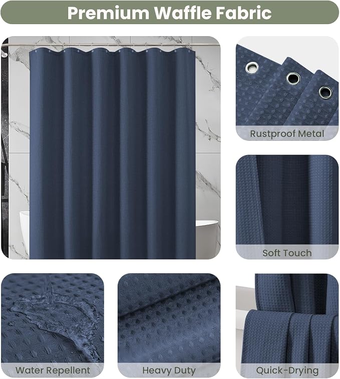Inhousolu Fabric Shower Curtain Waffle Weave, Weighted Hem, 14 Metal Hooks - Image 3