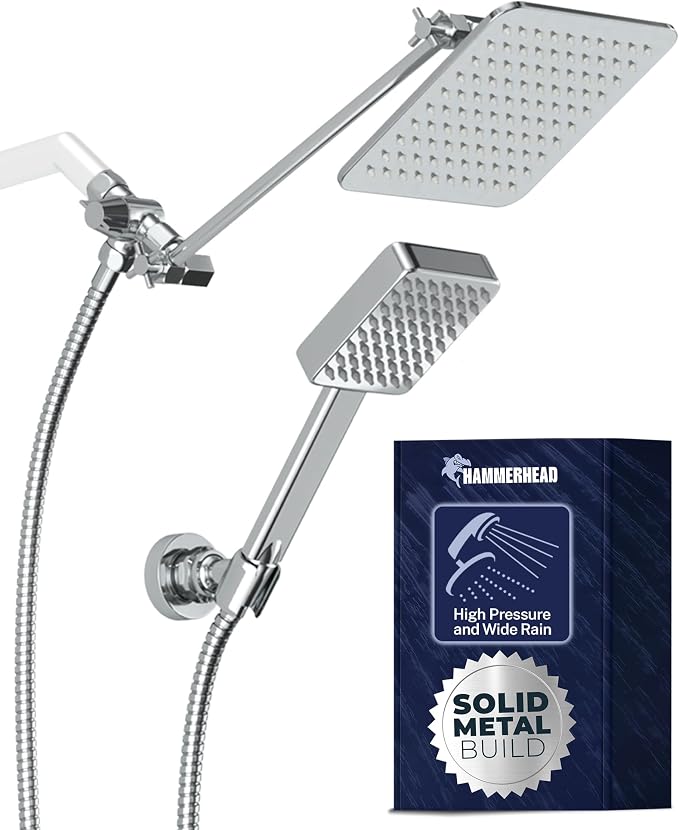 HammerHead® Solid Metal Dual Shower Head Combo — 8" Square Rain Shower Head by HammerHeadShowers