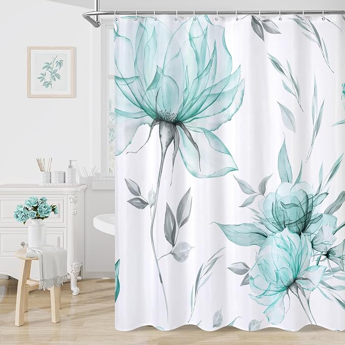 Long Boho Watercolor Floral Shower Curtain 72 x 78, Teal Blue and Grey Ink by Decorateyourhome