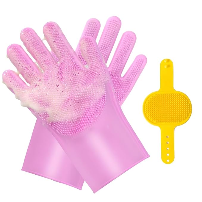 2-in-1 Pet Grooming Gloves and Brush, Dog and Cat Bath Scrubber Silicone Gloves - Image 7