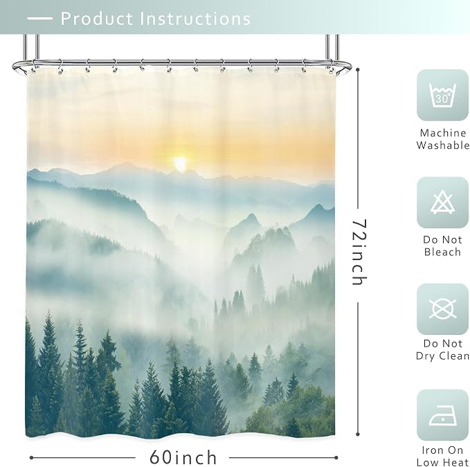 Riyidecor Misty Mountain Shower Curtain 60Wx72H Inch Green Spring Scenery - Image 3