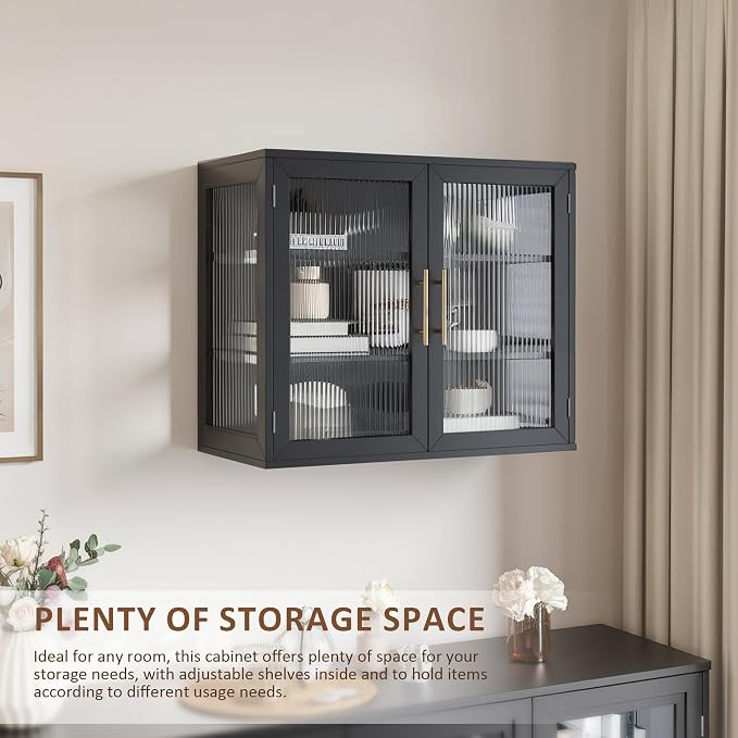 Black Glass Display Wall Storage Cabinet, Wall-Mounted Bathroom Cabinet - Image 5
