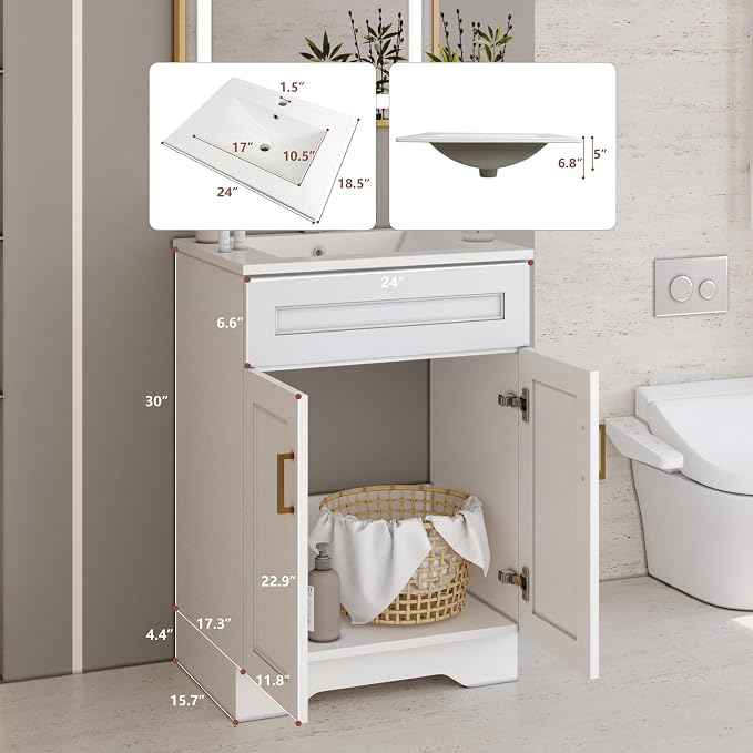 Bathroom 24" Vanity with Ceramic Sink, Wooden Double Door Bathroom Storage - Image 2