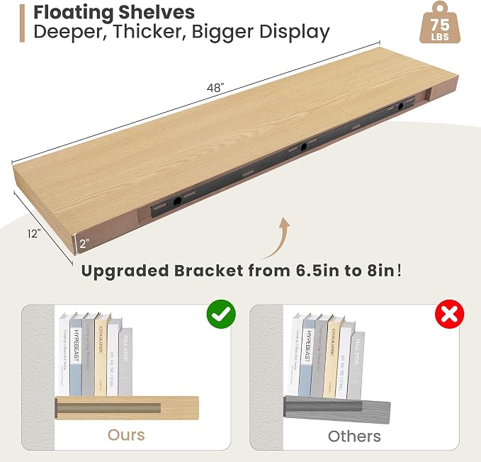 Heimlove 12 Inch Deep Floating Shelves, 48 x 12 inches Long Wall Shelf - Image 3