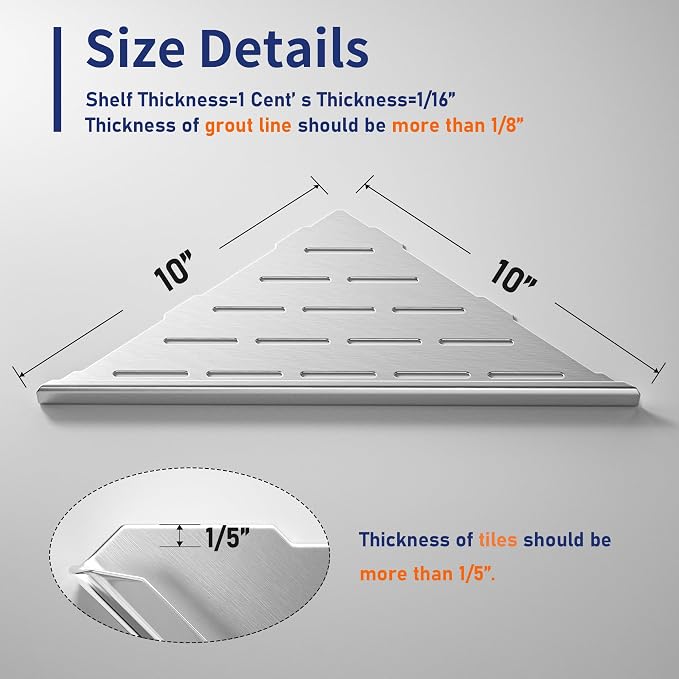 Corner Shower Shelf 10" Brushed 304 Stainless Steel Slot Design Recessed Corner - Image 5