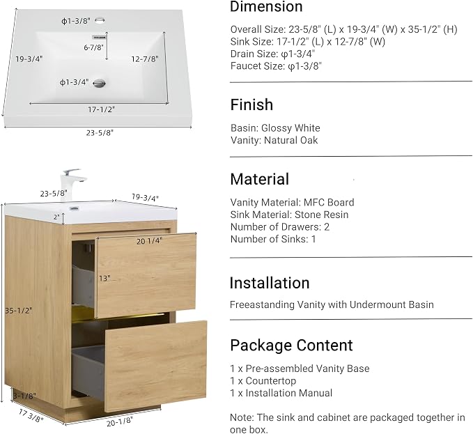 24 Inch Bathroom Vanity with Sink, Single Sink Bathroom Vanity, Freestanding - Image 6