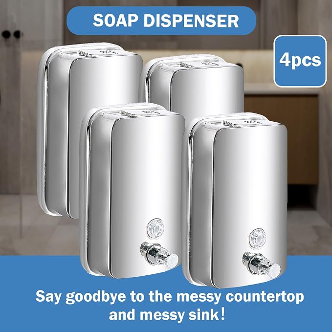 4 Pack 1000ml Commercial Soap Dispenser Wall Mount, Stainless Steel Hand Soap - Image 8