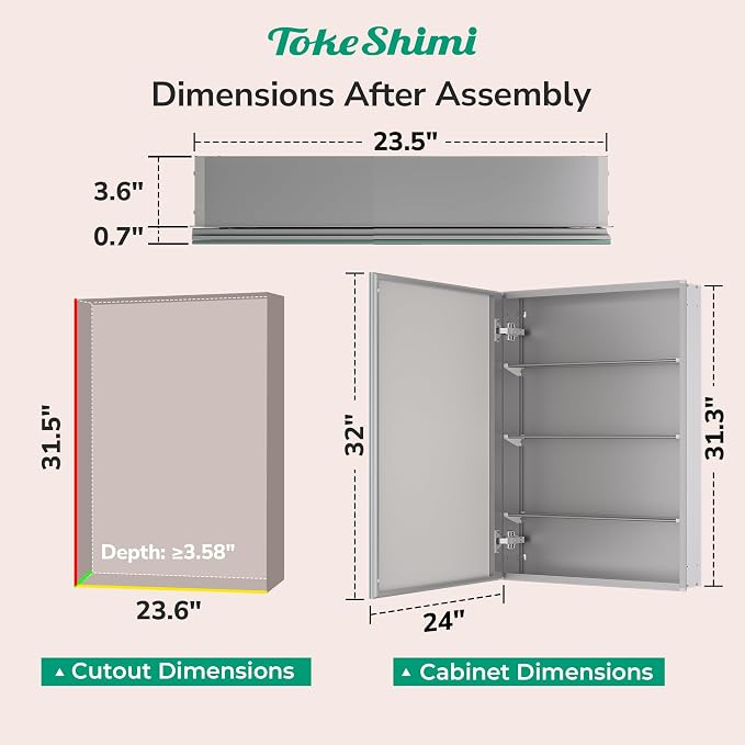 TokeShimi 24x32 Mirrored Medicine Cabinet Recessed or Wall Mount, Aluminum - Image 2