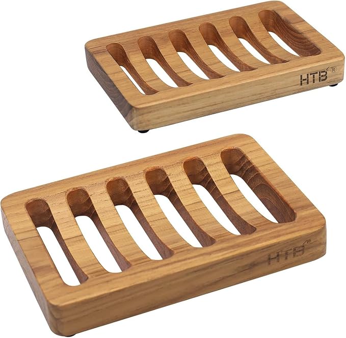 Slotted Soap Dish 2 Pack Teak Wood by HTB, Kitchen Wooden Sponge Holder by HTB