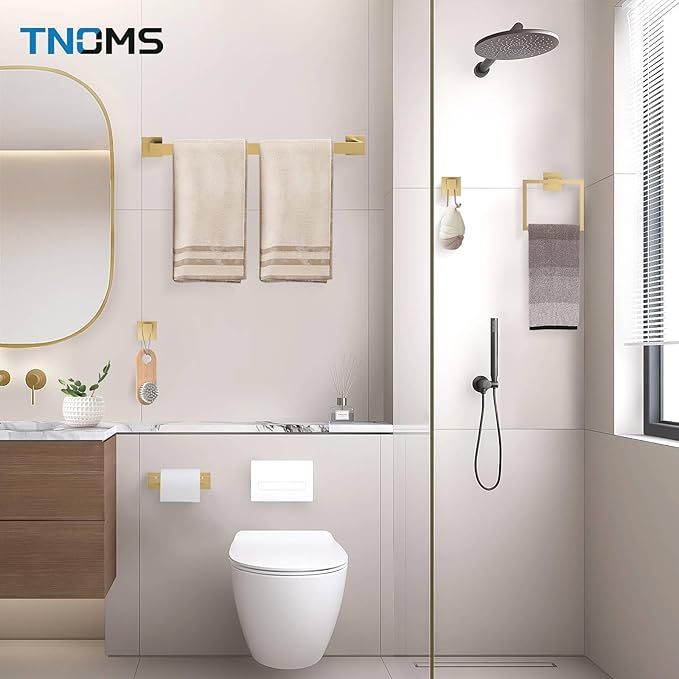 TNOMS 5-Piece Towel Bar Set Brushed Gold Bathroom Hardware Accessories Set - Image 7