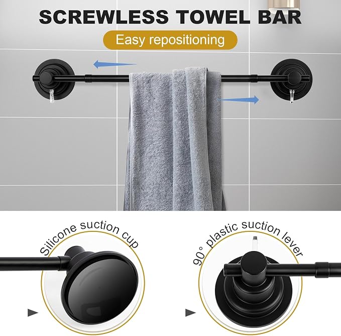 Suction Cup Towel Bar for Shower, 15.75''-25.6'' Adjustable Stainless Steel - Image 5