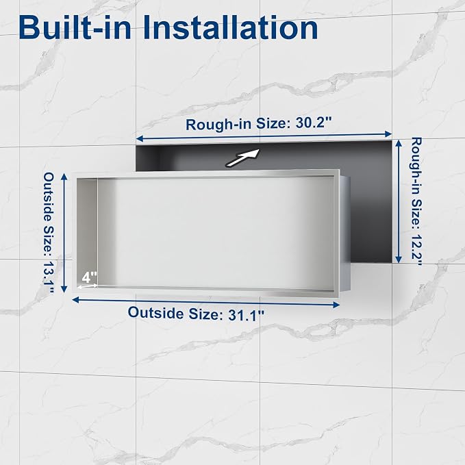 Neodrain 30X12Inch Recessed Brushed Shower Niche, Stainless Steel Bathroom Wall - Image 3
