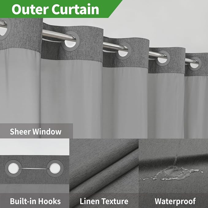 Extra Long No Hooks Needed Linen Textured Shower Curtain - Image 4