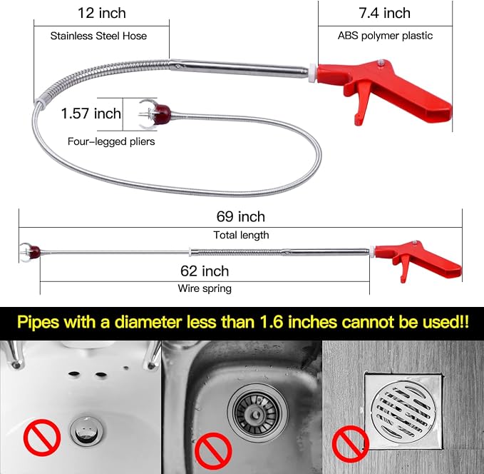 69" Toilet Auger Grabber Tool, Flexible Grabber Unclogging Tool, Four Jaw Pickup - Image 5
