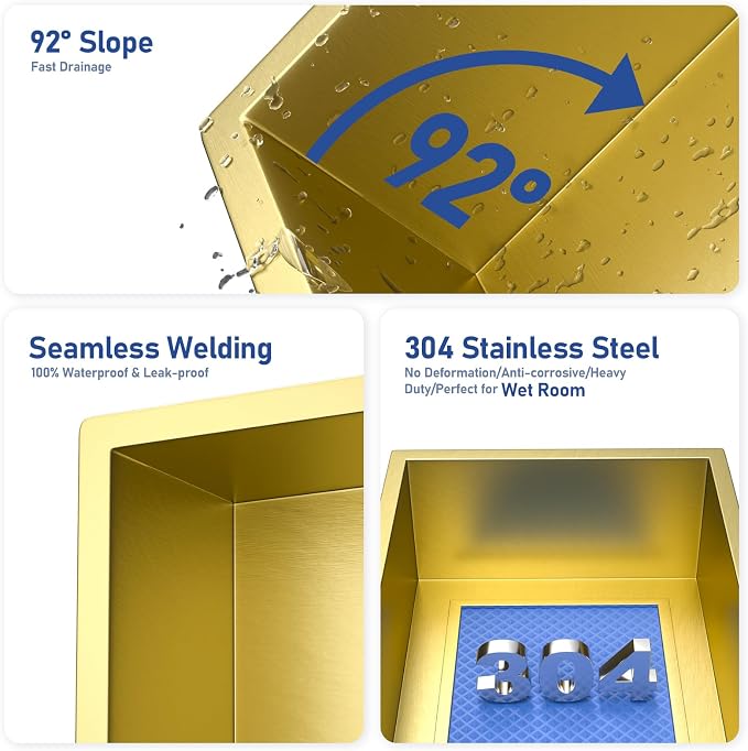 Stainless Steel Shower Niche 24" X 12" Gold No Tile Needed Horizontal Niche - Image 5