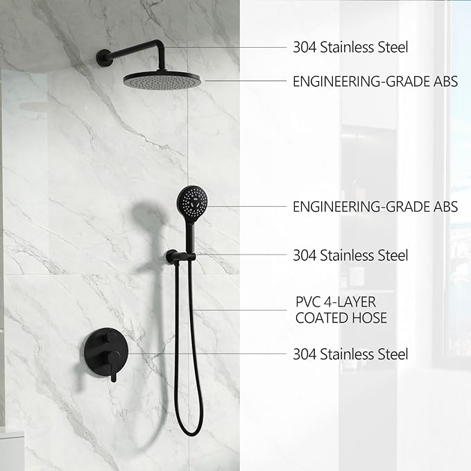 Matte Black Shower Faucet Set, Wall Mount Rain Shower System 10 Inches Shower - Image 6
