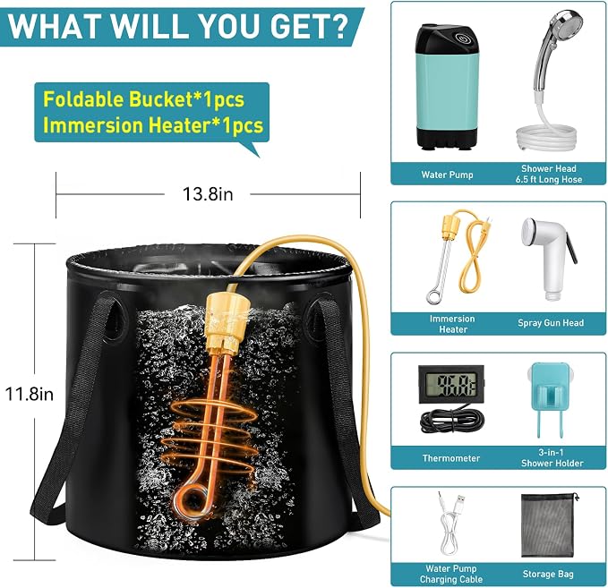 Portable Hot Shower for Camping Shower Tent Kit, 1000W Immersion Heater - Image 7
