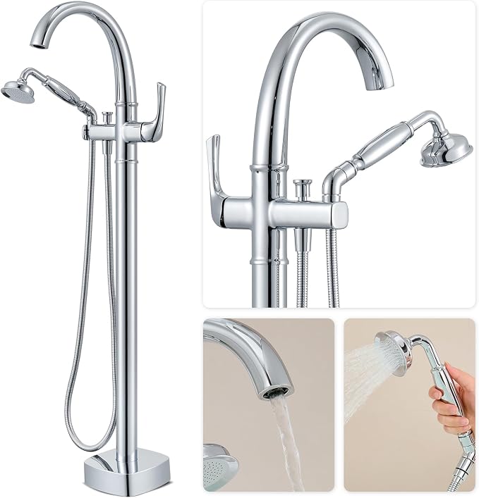 Free Standing Tub Faucet, Hanallx Luxury Polished Chrome Freestanding Bathtub - Image 3