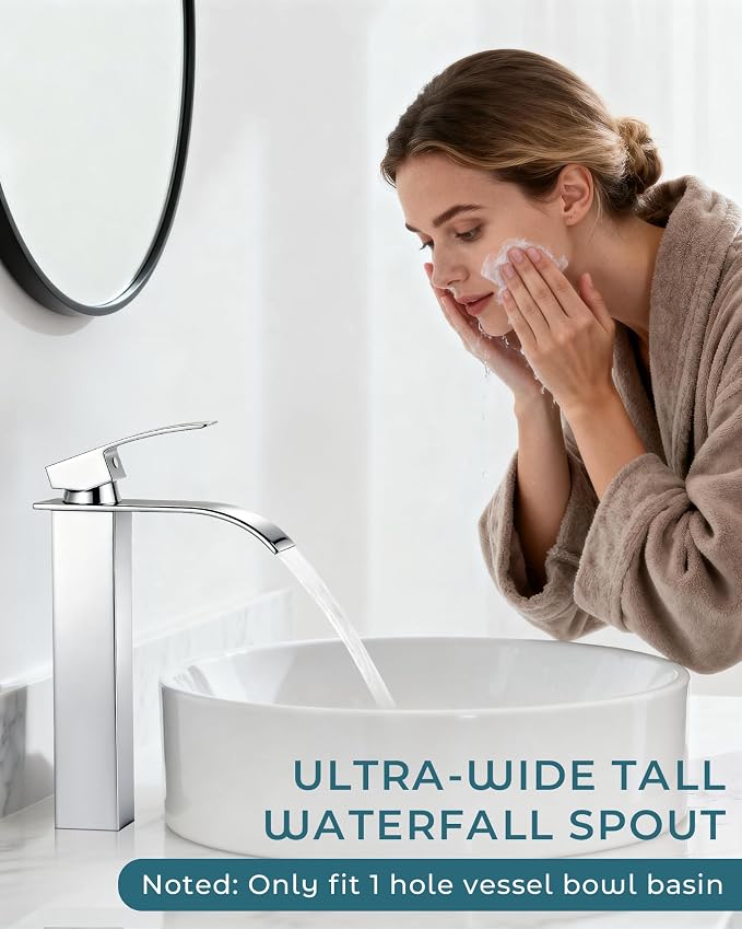 LIFG Chrome Vessel Sink Faucet, Tall Waterfall Bathroom Faucet, Single Handle - Image 3