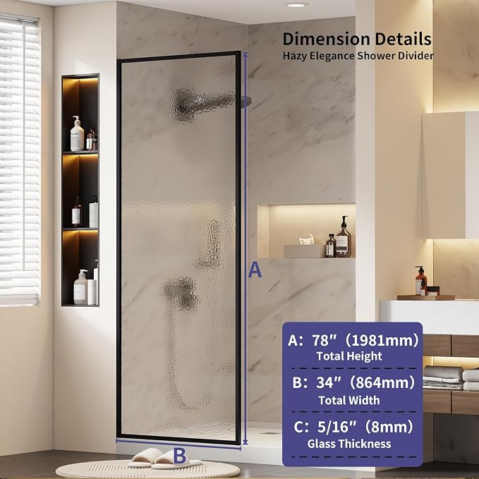 Dimaris Shower Door 34" X 78" Tempered Fluted Glass Framed Shower Screen Shower - Image 5