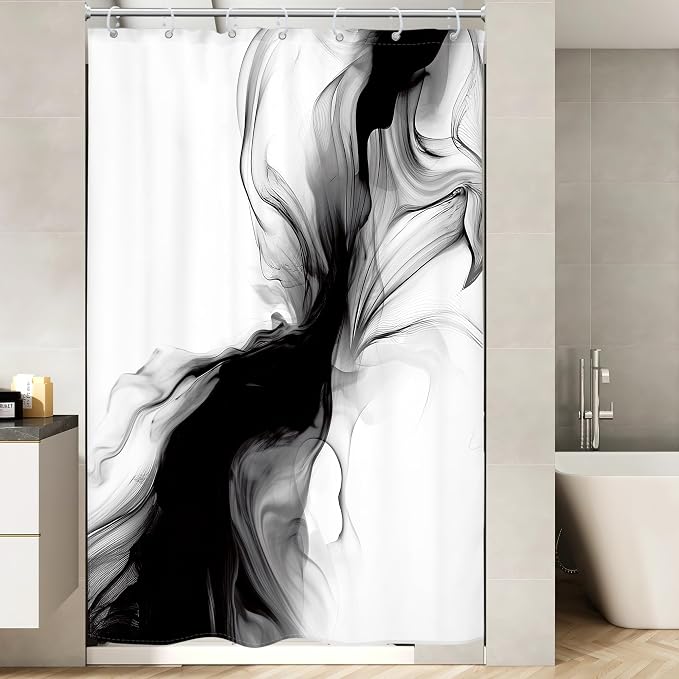 Cinbloo Small Stall RV Black and White Shower Curtain 48Wx72H Abstract Marble - Image 2