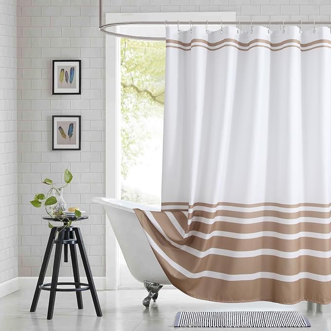 Beige and White Striped Shower Curtain 72x78 Inches, Waterproof Fabric by BESTRIPES