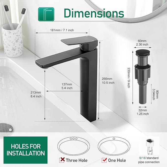 VOTON Vessel Sink Faucet Matte Black Tall Bathroom Faucet Single Handle Vanity - Image 6