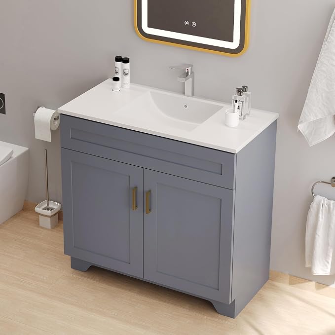 Bathroom 36" Vanity with Ceramic Sink, Wooden Double Door Bathroom Storage - Image 3