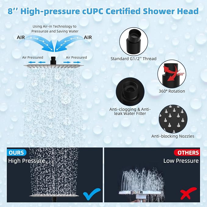 Hibbent All Metal CUPC Certified 8'' Rainfall Shower Head, Dual Shower Head - Image 6