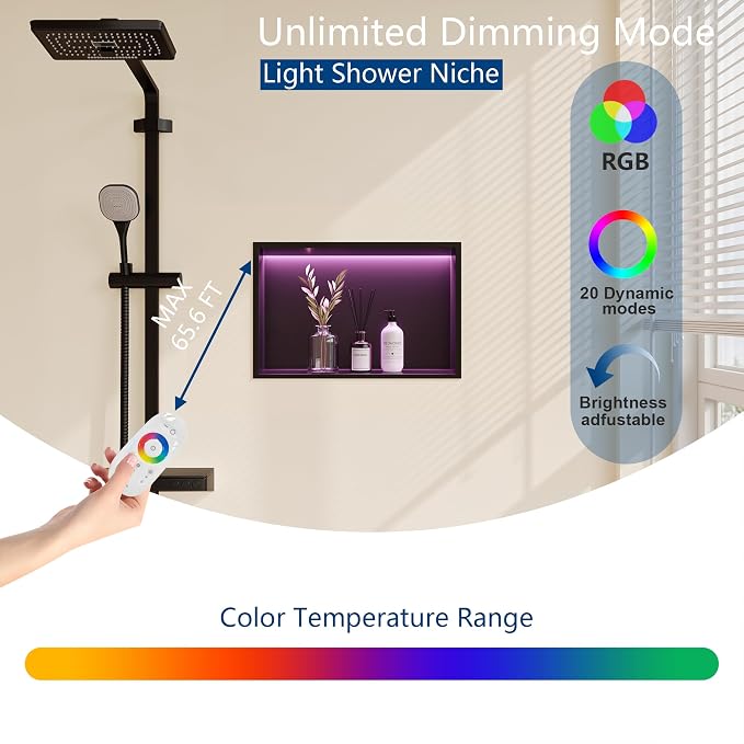 RGB LED Light Shower Niche, Matte Black 18X12 in Stainless Steel Recessed - Image 4